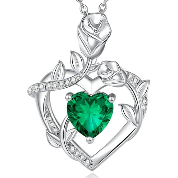 Dreamy Rose Birthstone Necklace for Women Sterling Silver Rose Flower Heart Necklace Fine Jewelry Anniversary Birthday Gifts for Women Wife Mom Her, Length: 18"+2"