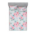 thumbnail image 1 of Dreamy Roses Fitted Sheet & Pillow Sham Set, Fantasy Concept Delicate Garden Flowers Pattern with Leaves Artwork, Decorative Printed 3 Piece Bedding Decor, Calking, Pastel Pink Soft Blue, by Ambesonne, 1 of 2