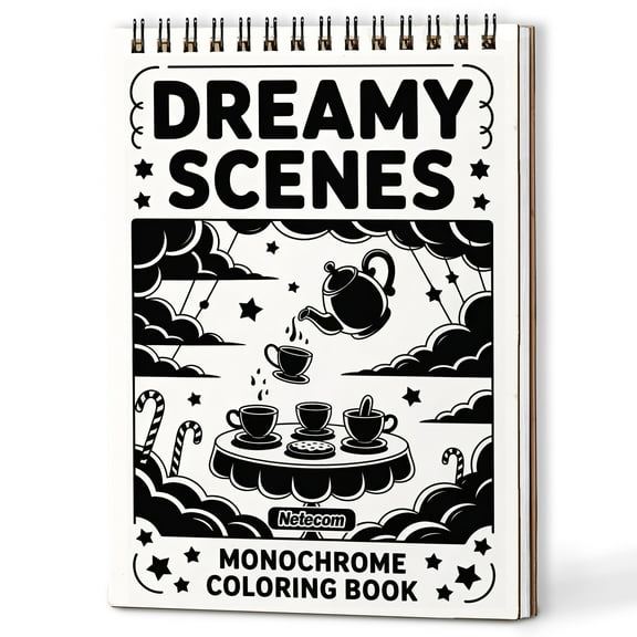 Dreamy Scenes Monochrome Coloring Book Spiral Bound for Adults, A5 Wooden Cover, Relaxing One-Color Illustrations with Peaceful, Magical and Surreal Landscapes for Mindfulness