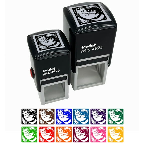 Dreamy Space Cat Self-Inking Rubber Stamp Ink Stamper - Fuchsia Ink - Small 1 Inch