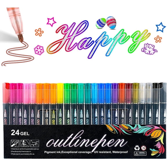 Dreamy Sparkle Dual-Line Contour Pen, 12/24/36/48 Colors Double Line Outline Markers, Glitter Self-Outline Metallic Markers Pens for Art, Drawing, Doodling, Card Making, DIY Crafts (24 Colors)