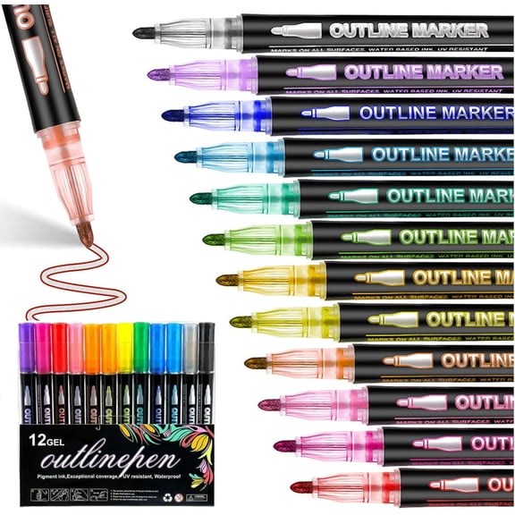 Dreamy Sparkle Dual-Line Contour Pen, 12/24/36/48 Colors Dual Line Contour Markers with 2mm Precision Tip, Fast Dry Shimmer Markers for Art, Scrapbooking, Cards & DIY Crafts (12color)