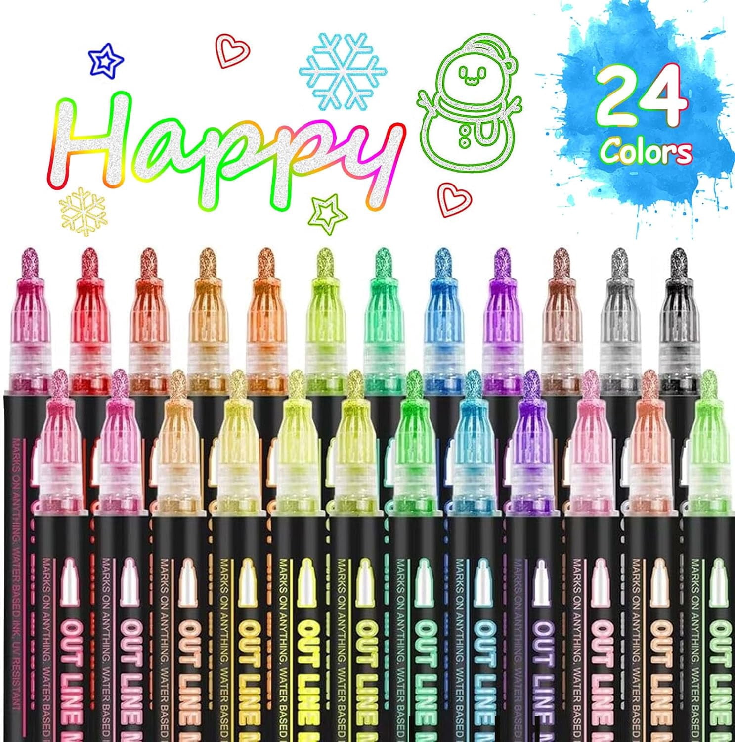 Dreamy Sparkle Dual-Line Contour Pen, 12 Colors Self-Outline Metallic Glitter Pens with 2mm Chisel Tip for Christmas Card Birthday Gift, DIY Art Crafts Doodle Drawing and Scrapbooking