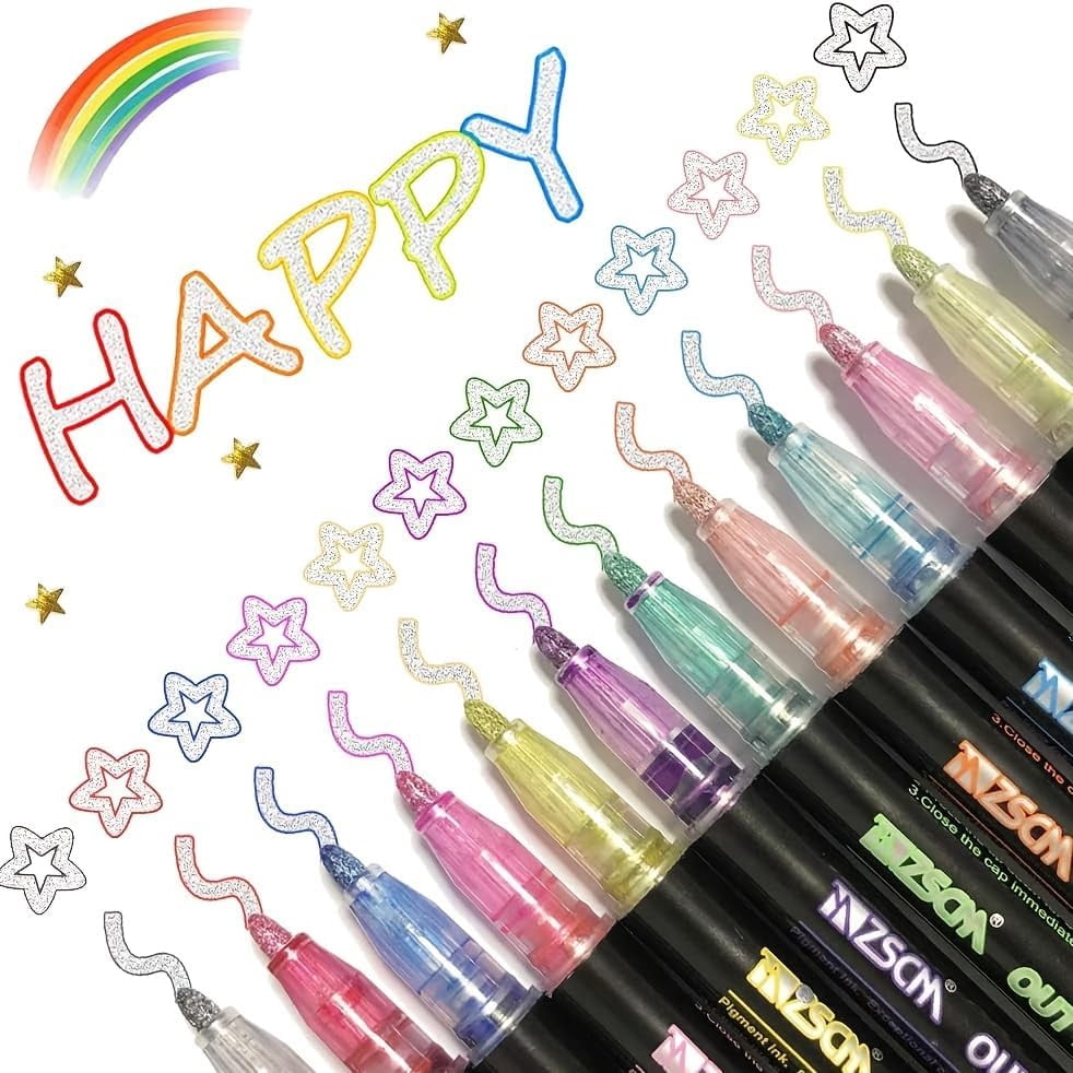 Dreamy Sparkle Dual-Line Contour Pen, 12 Colors Self-Outline Metallic Markers with Glitter, 2mm Chisel Tip for Christmas Card Birthday Greeting, DIY Art Crafts Scrapbooking and Drawing