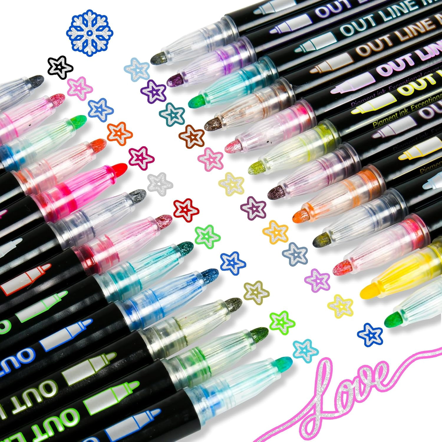 Dreamy Sparkle Dual-Line Contour Pen, 12 Colors Self-Outlining Shimmer Markers  for Scrapbook Crafts, Doodling, DIY Art on Metal, Ceramic & Easter Eggs