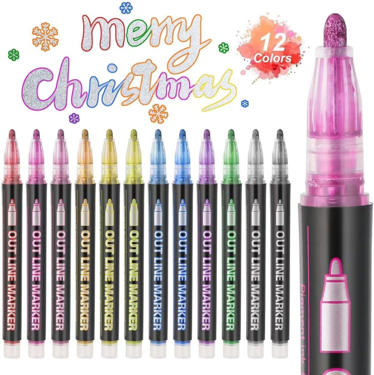 Dreamy Sparkle Dual-Line Contour Pen, 12 Colors Shimmer Metallic Marker Pens for Christmas Cards, Scrapbooking, DIY Art Crafts, Doodling on Ceramic Glass Wood and Metal Surfaces