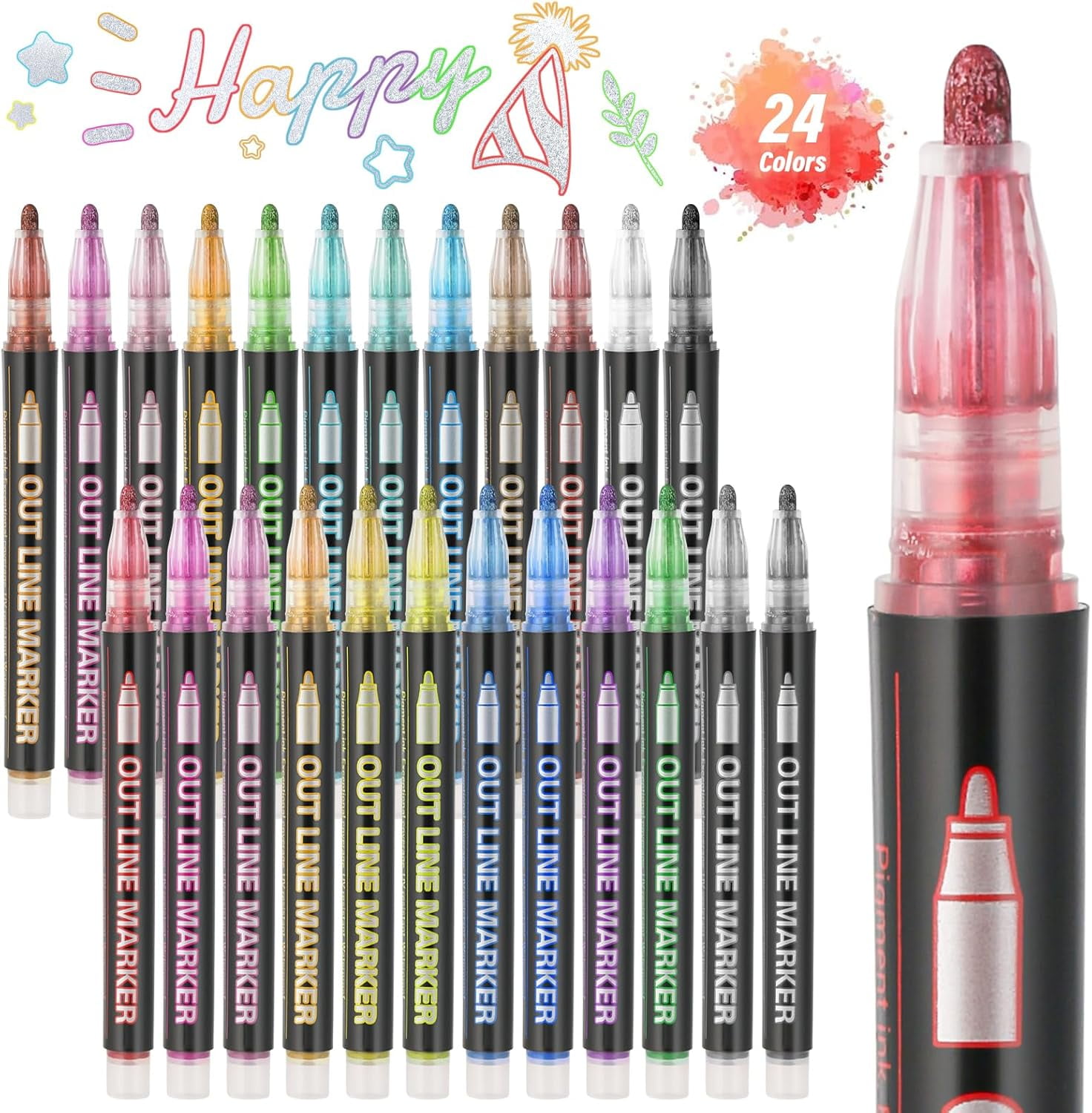 Dreamy Sparkle Dual-Line Contour Pen, 12 Colors Shimmer Metallic Marker Pens for Christmas Cards, Scrapbooking, DIY Art Crafts, Doodling on Ceramic Glass Wood and Metal Surfaces