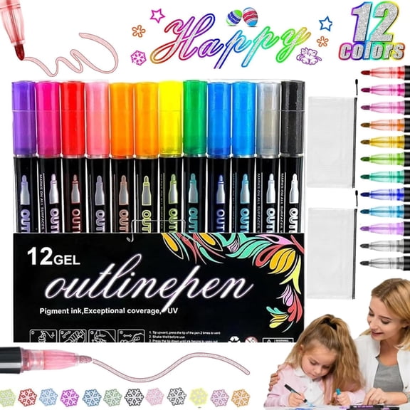 Dreamy Sparkle Dual-Line Contour Pen, 2026 New Dual-Line Highlighter Outline Marker Set, Outline Metallic Markers, Quick-Dry Ink for Drawing, Coloring & DIY Crafts