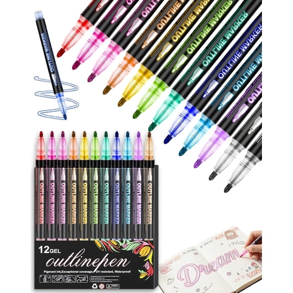 Dreamy Sparkle Dual-Line Contour Pen - 48 Colors Quick Dry Self-Outlining Glitter Pens, DIY Double-Glow Permanent Markers for Art, Drawing, Doodling, Card Making (12)