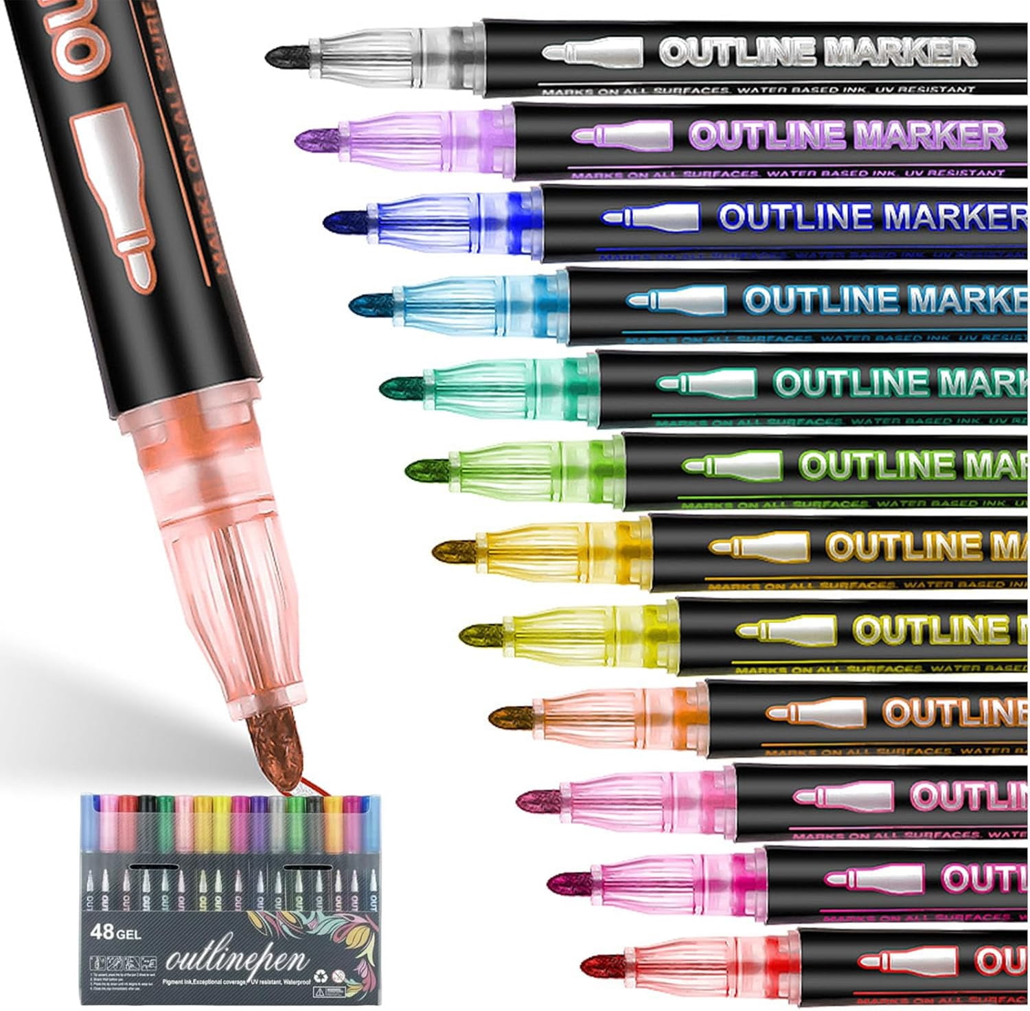 Dreamy Sparkle Dual-Line Contour Pen - 48 Colors Quick Dry Self-Outlining Glitter Pens, DIY Double-Glow Permanent Markers for Art, Drawing, Doodling, Card Making