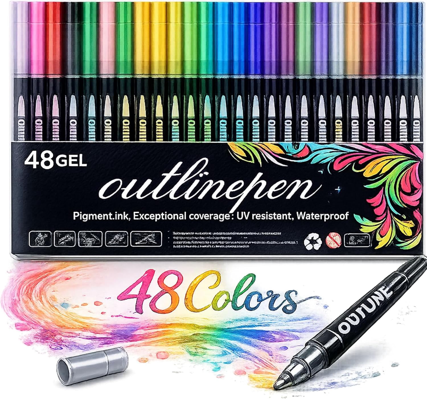 Dreamy Sparkle Dual-Line Contour Pen,8/12/24/36/48/60 Colors Outline Marker,0.08-0.12in Precision Tip,Quick-Dry Ink for Drawing,Coloring & DIY Crafts