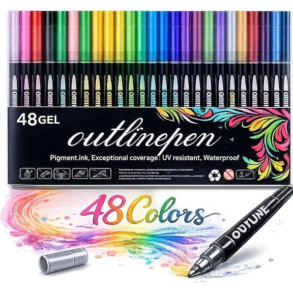 Dreamy Sparkle Dual-Line Contour Pen,8/12/24/36/48/60 Colors Outline Marker,0.08-0.12in Precision Tip,Quick-Dry Ink for Drawing,Coloring & DIY Crafts