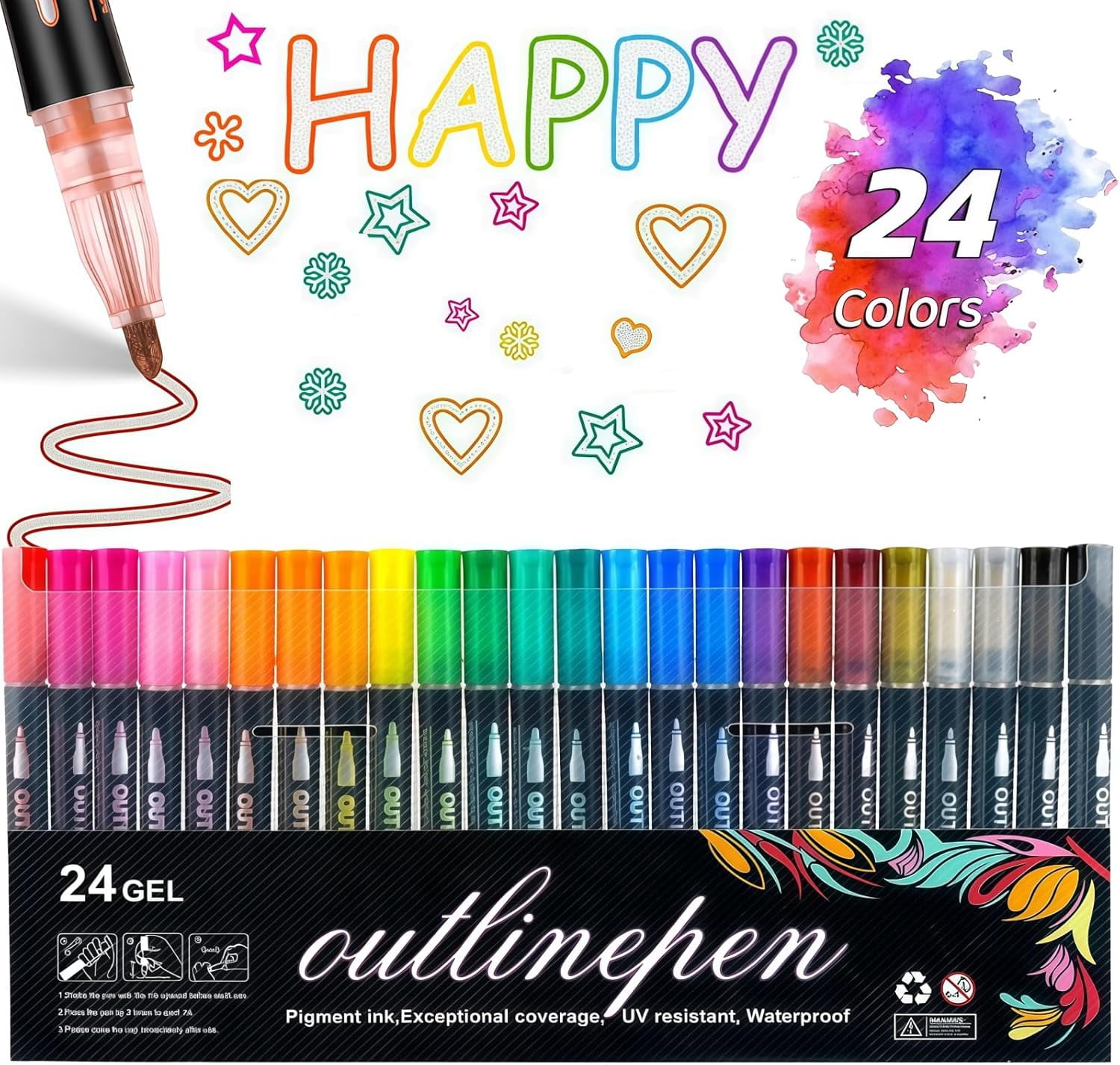 Dreamy Sparkle Dual-Line Contour Pen,8/12/24/36/48 Colors Double Line Self Outlining Metallic Gel Markers,Quick-Dry Ink for Drawing, Coloring & DIY Crafts