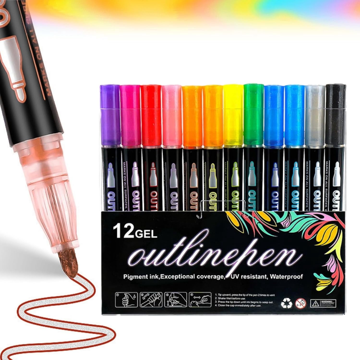 Dreamy Sparkle Dual-Line Contour Pen,8/12/24/36/48 Colors Double Line Self Outlining Metallic Gel Markers,Quick-Dry Ink for Drawing, Coloring & DIY Crafts
