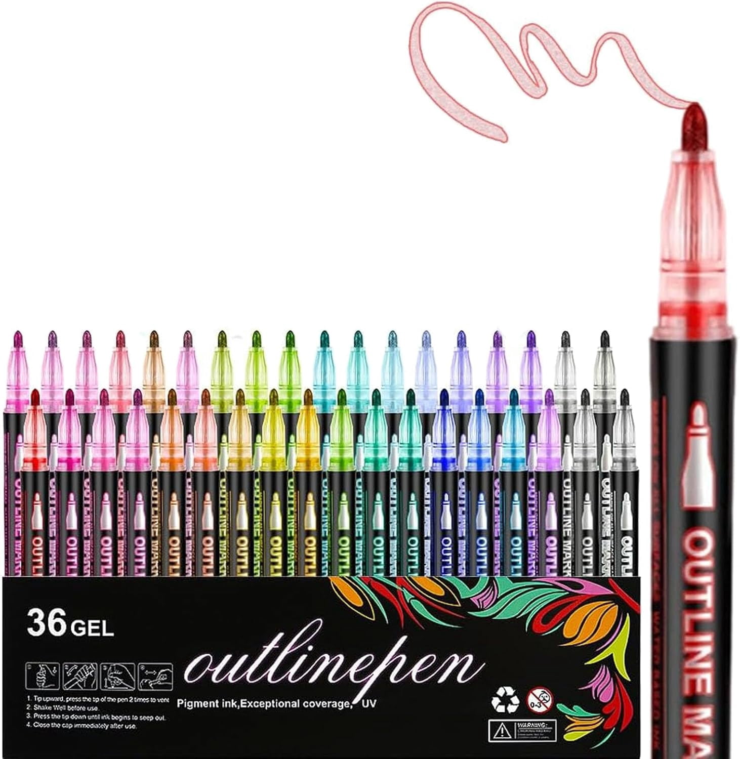 Dreamy Sparkle Dual-Line Contour Pen, 8/12/24/36/Colors Outline Art Pen with Metallic Sparkle, Quick-Dry Ink Marker for Drawing, Coloring and DIY Crafts