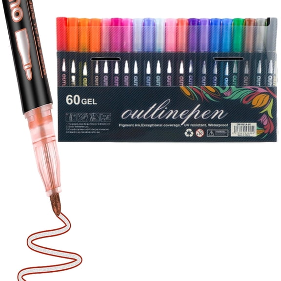 Dreamy Sparkle Dual-Line Contour Pen, Double Line Super Squiggles Glitter & Metallic Markers, 8/12/24/36/48/60 Colors Self-Outline Metallic Markers Glitter Writing Drawing Pens