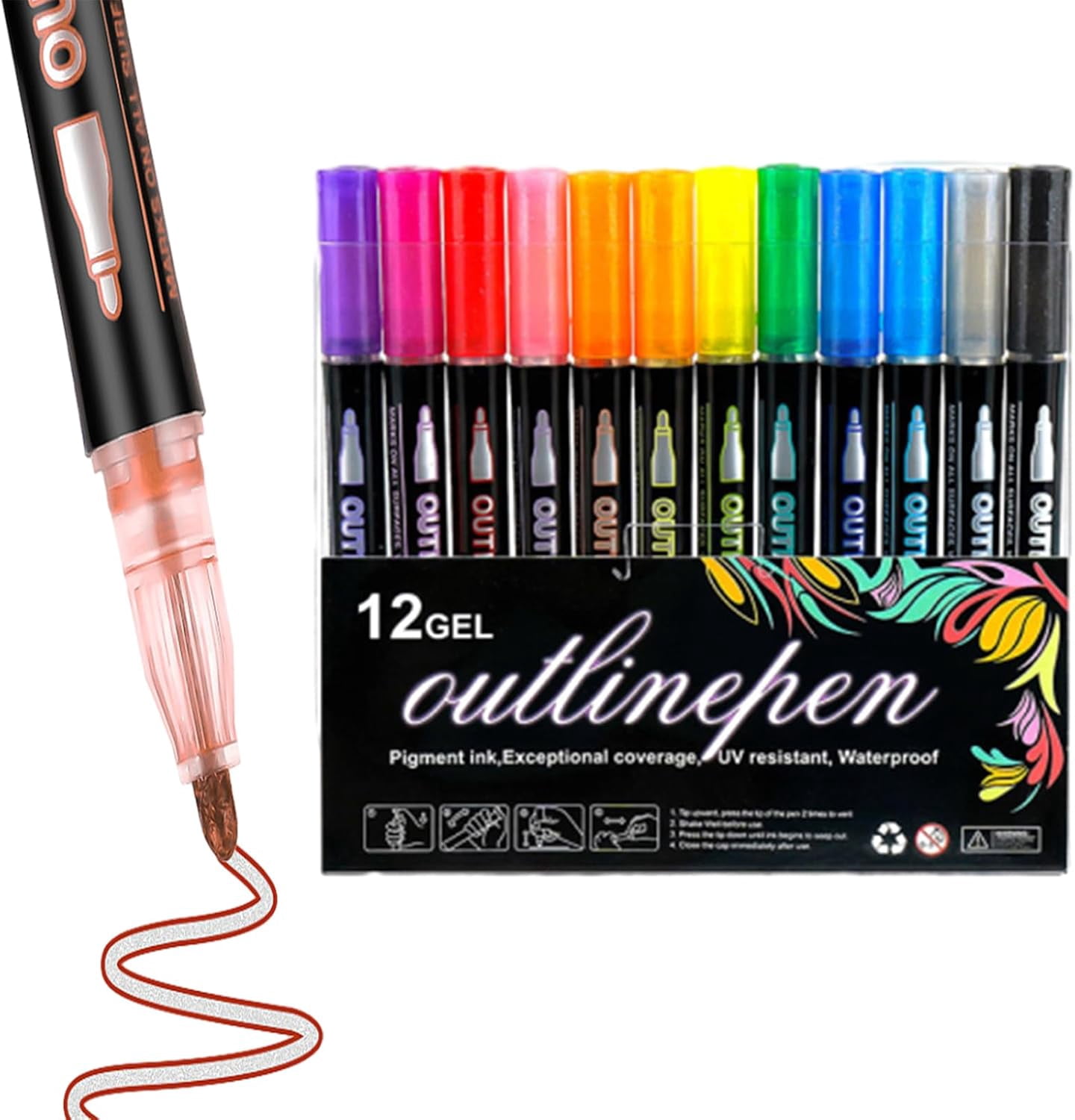 Dreamy Sparkle Dual-Line Contour Pen, Double Line Super Squiggles Glitter & Metallic Markers, 8/12/24/36/48/60 Colors Self-Outline Metallic Markers Glitter Writing Drawing Pens