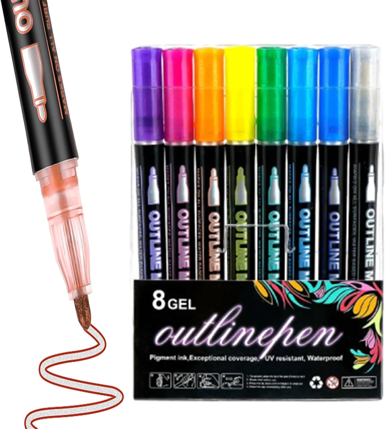 Dreamy Sparkle Dual-Line Contour Pen, Double Line Super Squiggles Glitter & Metallic Markers, 8/12/24/36/48/60 Colors Self-Outline Metallic Markers Glitter Writing Drawing Pens