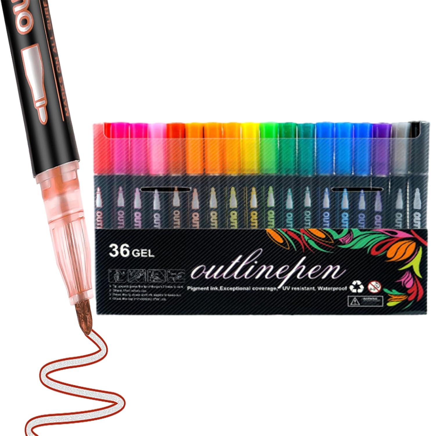 Dreamy Sparkle Dual-Line Contour Pen, Double Line Super Squiggles Glitter & Metallic Markers, 8/12/24/36/48/60 Colors Self-Outline Metallic Markers Glitter Writing Drawing Pens