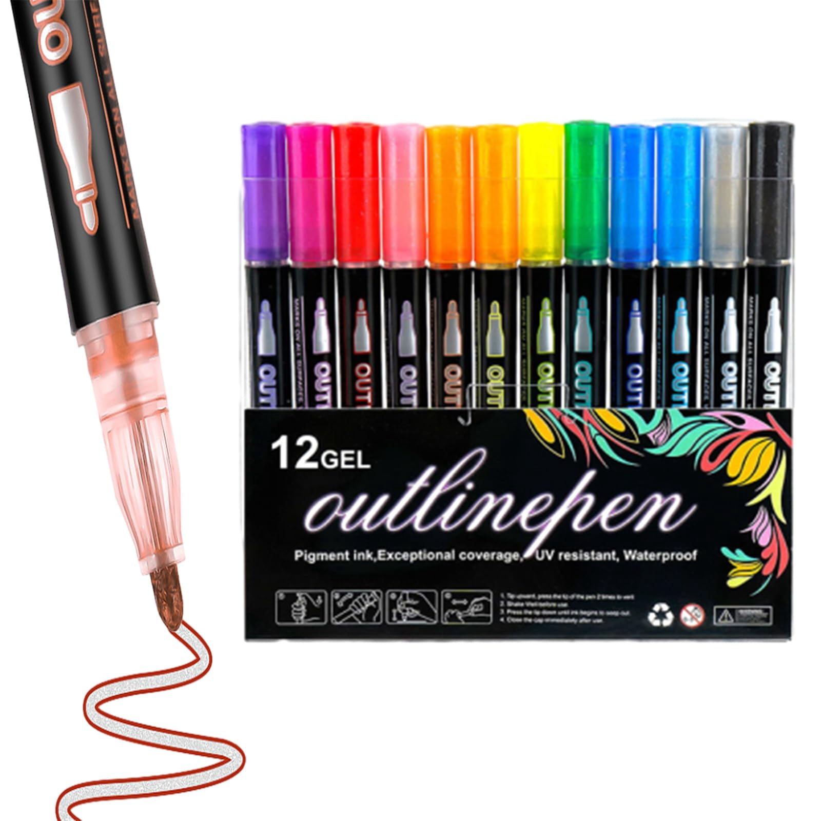 Dreamy Sparkle Dual-Line Contour Pen, Double Line Super Squiggles Glitter & Metallic Markers, 8/12/24 Colors Self-Outline Metallic Markers Glitter Writing Drawing Pens (12gel)