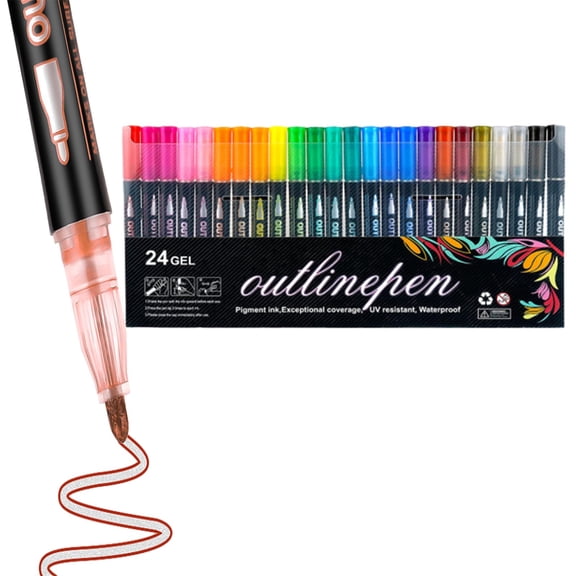 Dreamy Sparkle Dual-Line Contour Pen, Double Line Super Squiggles Glitter & Metallic Markers, 8/12/24 Colors Self-Outline Metallic Markers Glitter Writing Drawing Pens (24gel)