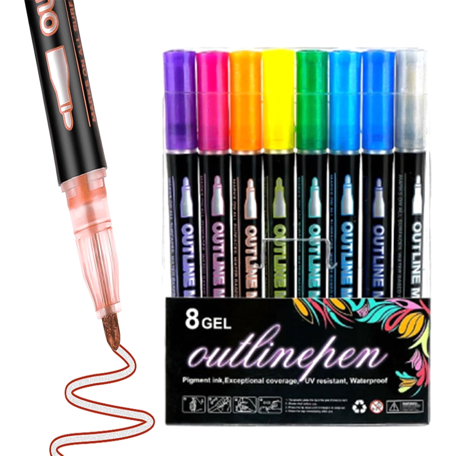 Dreamy Sparkle Dual-Line Contour Pen, Double Line Super Squiggles Glitter & Metallic Markers, 8/12/24 Colors Self-Outline Metallic Markers Glitter Writing Drawing Pens (8gel)