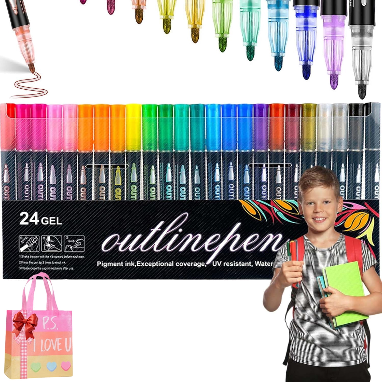 Dreamy Sparkle Dual-Line Contour Pen, Dreamy Sparkle Dual Line Contour Markers, Quick-Dry Self Outline Metallic Marker Pens For Drawing, Coloring &Diy Crafts (24 GEL)