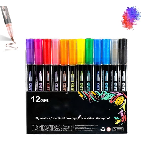 Dreamy Sparkle Dual-Line Contour Pen, Dual-Line Highlighter, Double Line Outline Pen Sparkle Markers, Quick-Dry Ink for Drawing, Coloring & DIY Crafts (12 Color Sets)