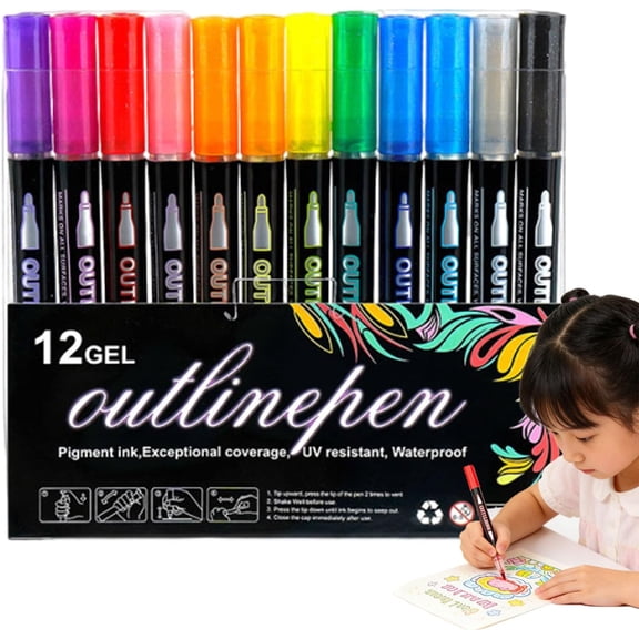 Dreamy Sparkle Dual-Line Contour Pen Set with Metallic Outline, Double Line Outline Art Pen, Quick-Dry Ink for Drawing, Coloring
