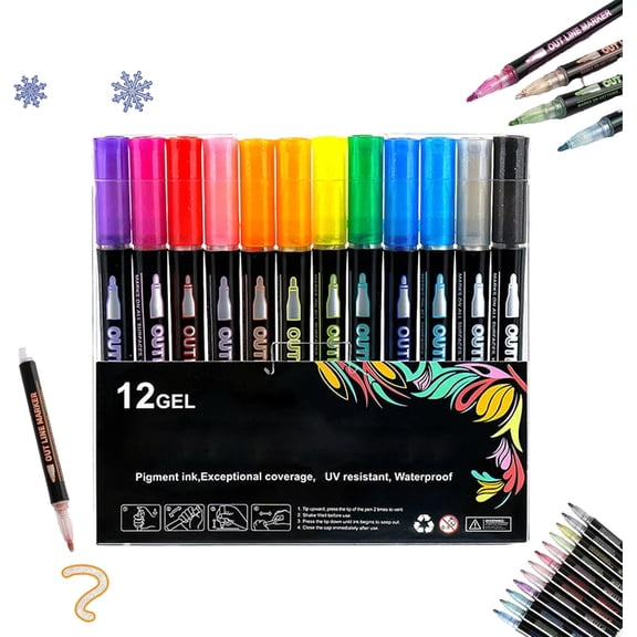 Dreamy Sparkle Dual-Line Contour Pen, Long-Lasting and Fast-Drying Ink, Self Outlining Glitter Markers, Outline Fluorescent Metallic Marker Pens for DIY Crafts