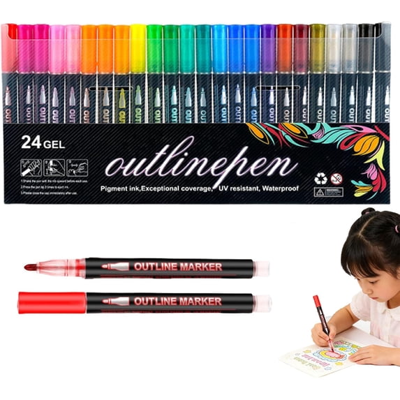 Dreamy Sparkle Dual-Line Contour Pen with Metallic Outline, Quick-Dry Ink for Drawing & DIY Crafts, Double Line Art Pen for Coloring, Journaling & Card Making