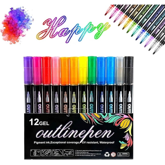 Dreamy Sparkle Dual-Line Contour Pen with Metallic Outline, Self Outline Metallic Markers, Quick-Dry Ink for Drawing, Coloring & Diy Crafts (12 Color Sets)Q