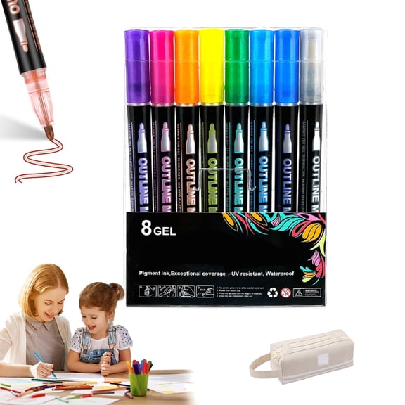 Dreamy Sparkle Dual-Line Contour Pen, Self Outlining Glitter Markers, Double Line Outline Pens, Outline Pens Metallic, Quick-Dry Ink for Cards, Drawing, Coloring & DIY Crafts (8 Color)