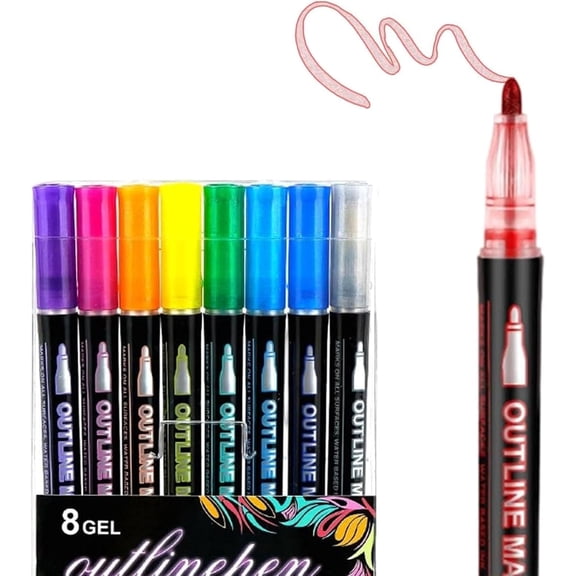 Dreamy Sparkle Dual-Line Contour Pen Set (8/12/24/36/48 Colors) for Drawing, DIY Crafts & Card Making, Self-Outline Metallic Glitter Markers on Multiple Surfaces