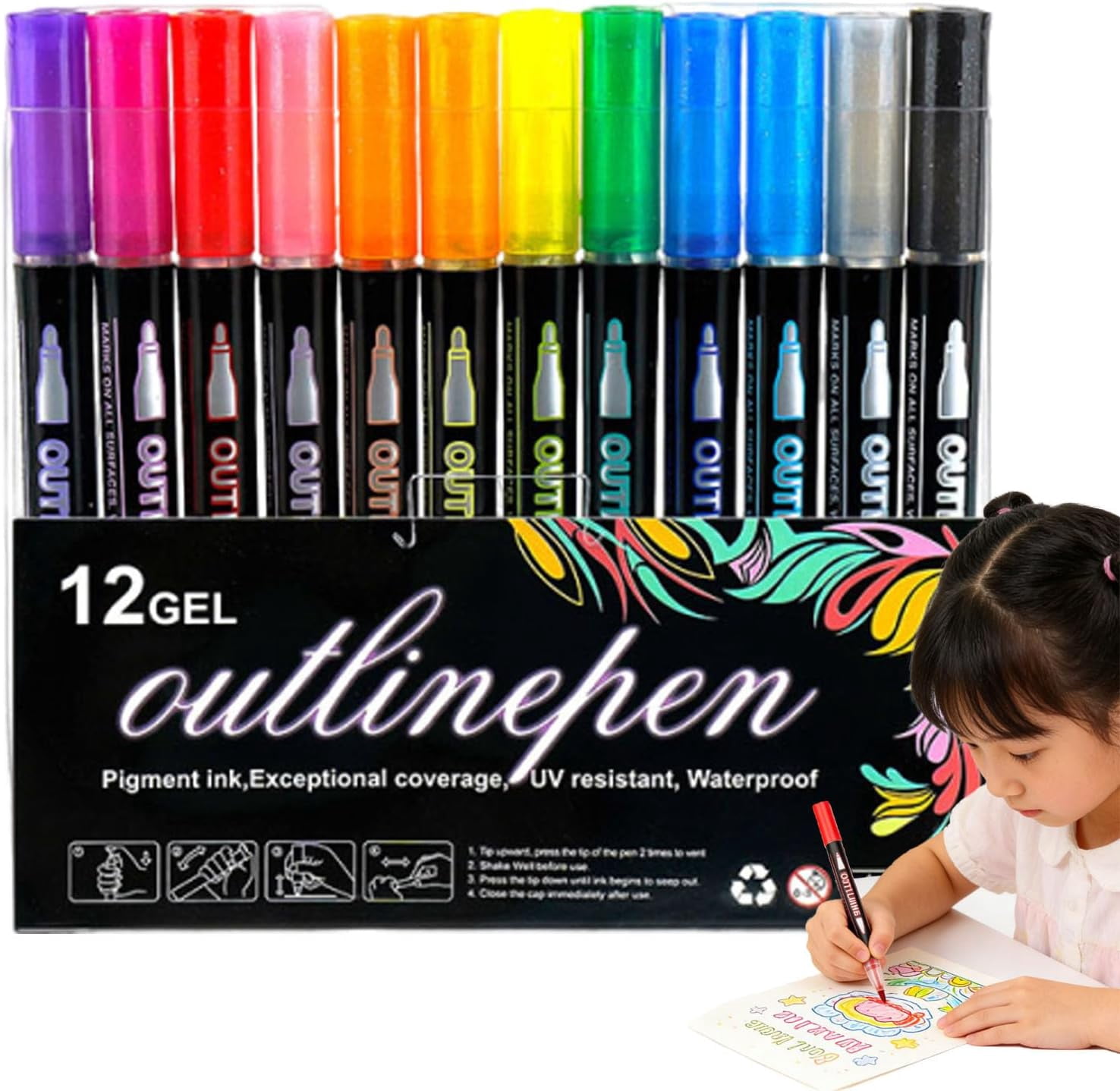 Dreamy Sparkle Dual-Line Contour Pen Set,  Double Line Art Pen with Metallic Outline for Drawing Coloring & DIY Crafts, Quick-Dry Ink