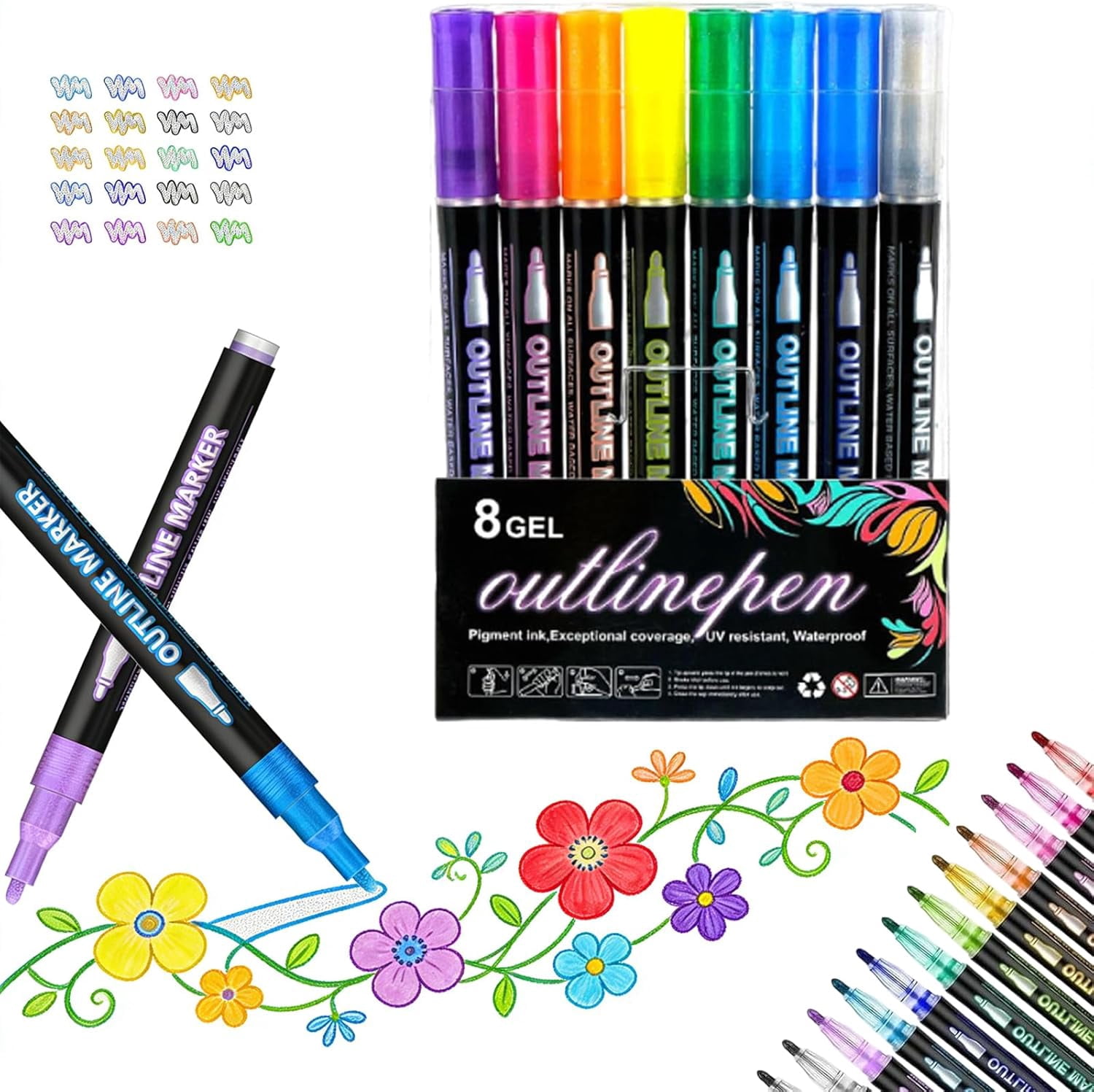 Dreamy Sparkle Dual-Line Contour Pen Set,Metallic Outline Marker with 0.08-0.12in Precision Tip,Fast-Drying Non-Toxic Ink for Art,Cards & DIY Crafts,Easy to Use