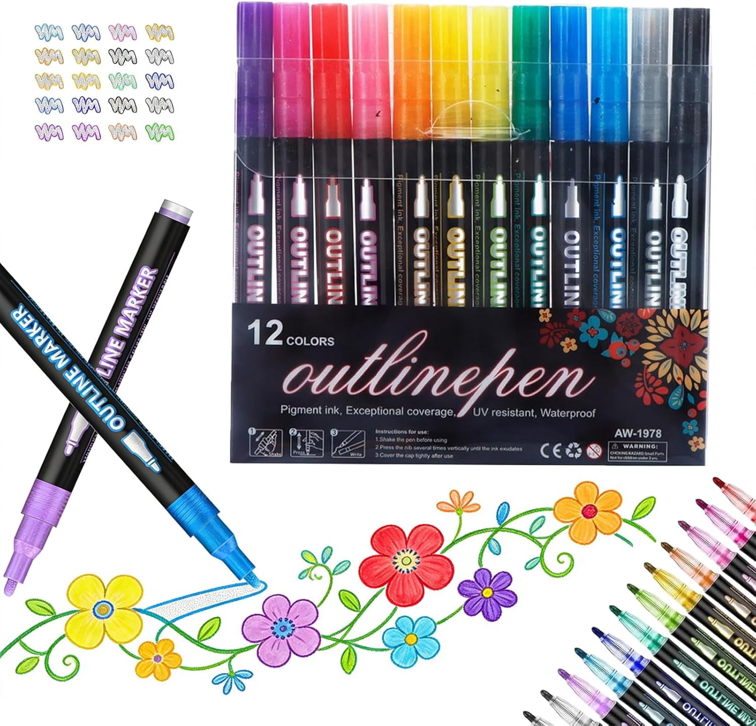 Dreamy Sparkle Dual-Line Contour Pen Set,Metallic Outline Marker with 0.08-0.12in Precision Tip,Fast-Drying Non-Toxic Ink for Art,Cards & DIY Crafts,Easy to Use
