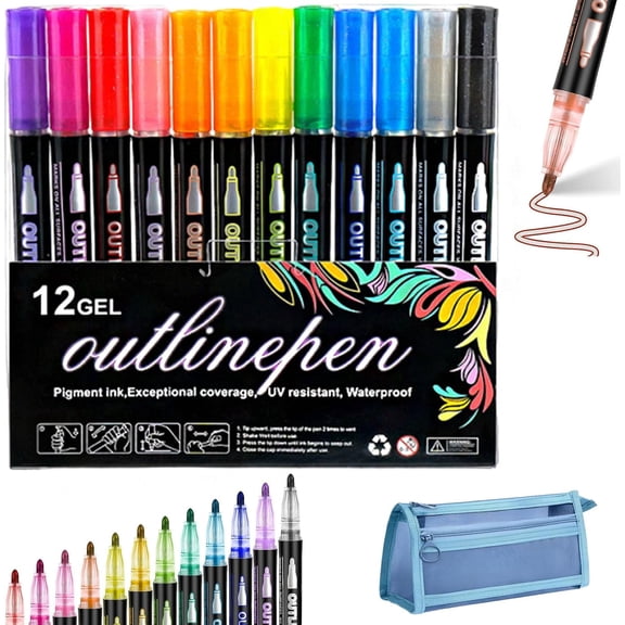 Dreamy Sparkle Dual-Line Contour Pen Set, Metallic Outline Marker with 2mm Precision Tip, Fast-Drying Non-Toxic Ink for Art, Journaling, Scrapbooking, Cards & DIY Crafts, Easy to Use (1Set 12 Colors)