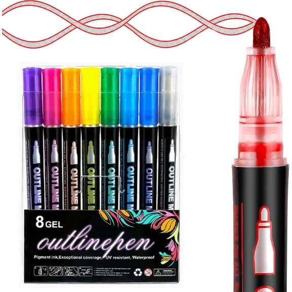 Dreamy Sparkle Dual-Line Contour Pen,Waterproof Self-Outline Metallic Markers,Double Line Highlighter for DIY,Art Drawing