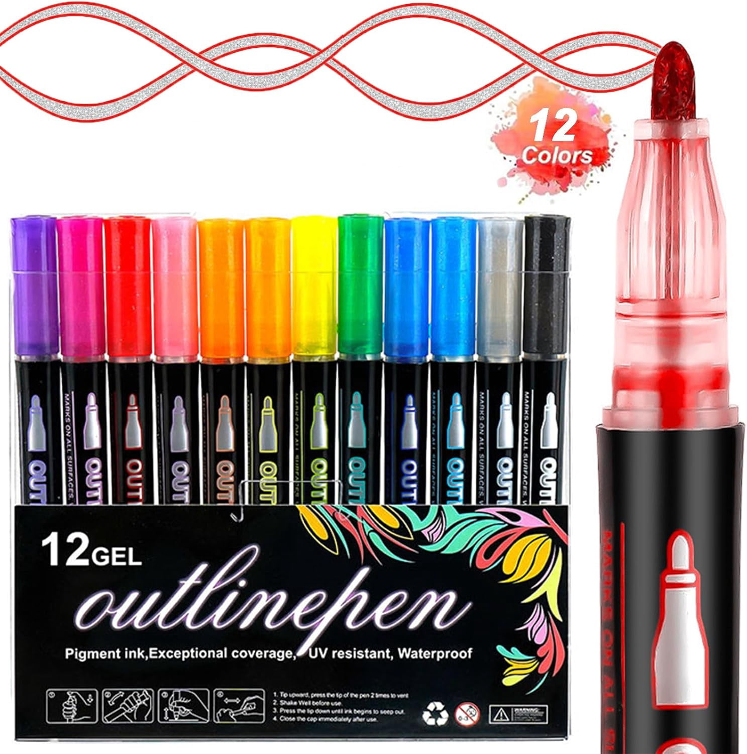 Dreamy Sparkle Dual-Line Contour Pen,Waterproof Self-Outline Metallic Markers,Double Line Highlighter for DIY,Art Drawing