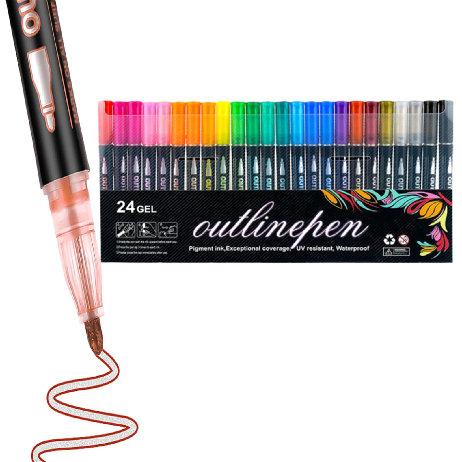 Dreamy Sparkle Dual-Line Contour Pens, Super Squiggles Glitter & Metallic Markers for Drawing, 24 Colors Self-Outline Art Pens Set for Journaling, Crafts, Card Making