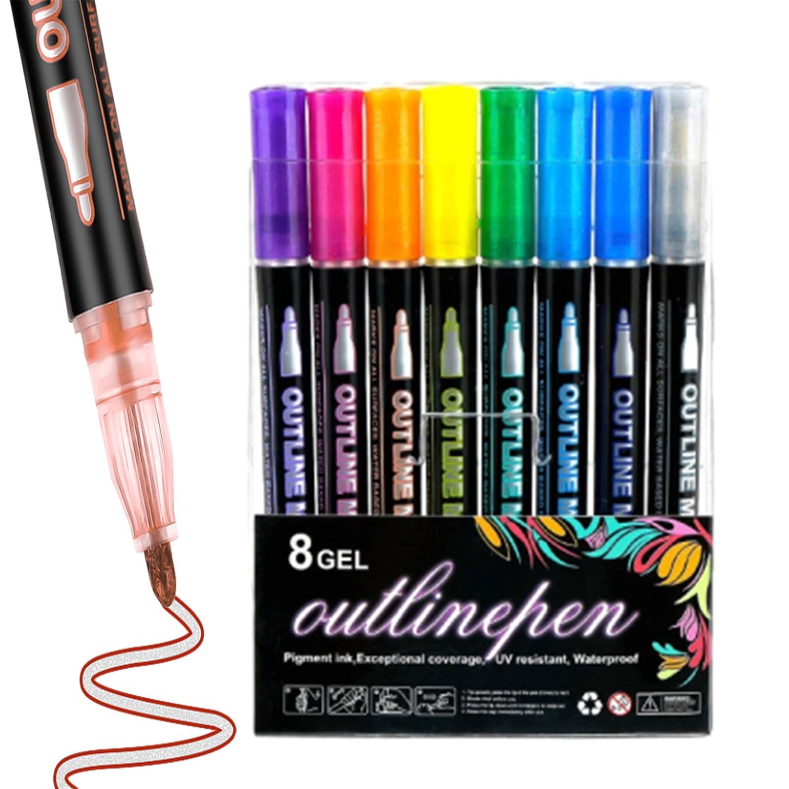 Dreamy Sparkle Dual-Line Contour Pens, Super Squiggles Glitter & Metallic Markers for Drawing, 8Colors Self-Outline Art Pens Set for Journaling, Crafts, Card Making