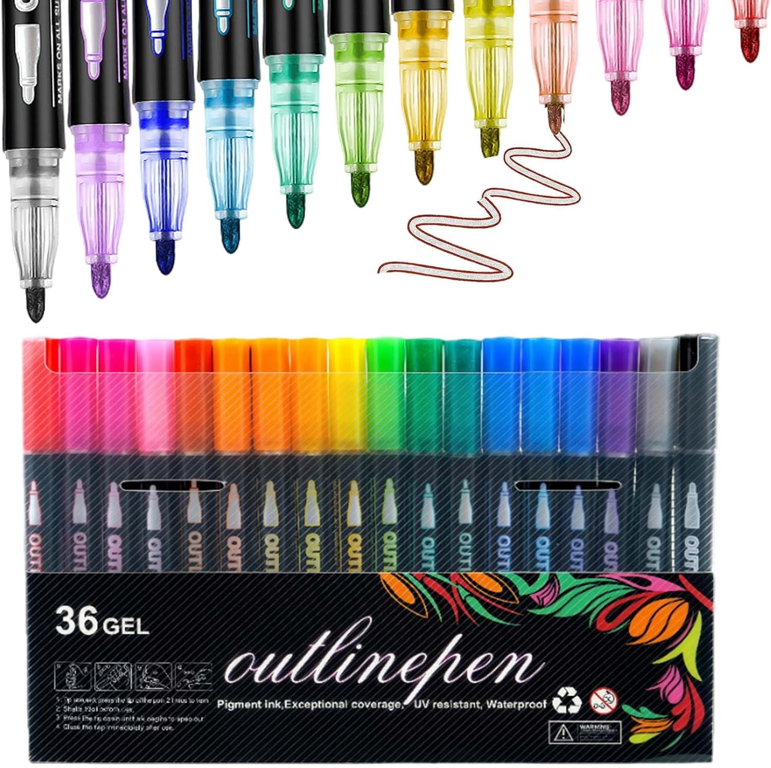 Dreamy Sparkle Dual Line Outline Markers, Self-Outline Metallic Glitter Pens, 2-in-1 Double Line Contour Pens with Shimmering Effect, for Journaling, Adult Coloring, Art Planning Supplies (36Pcs)
