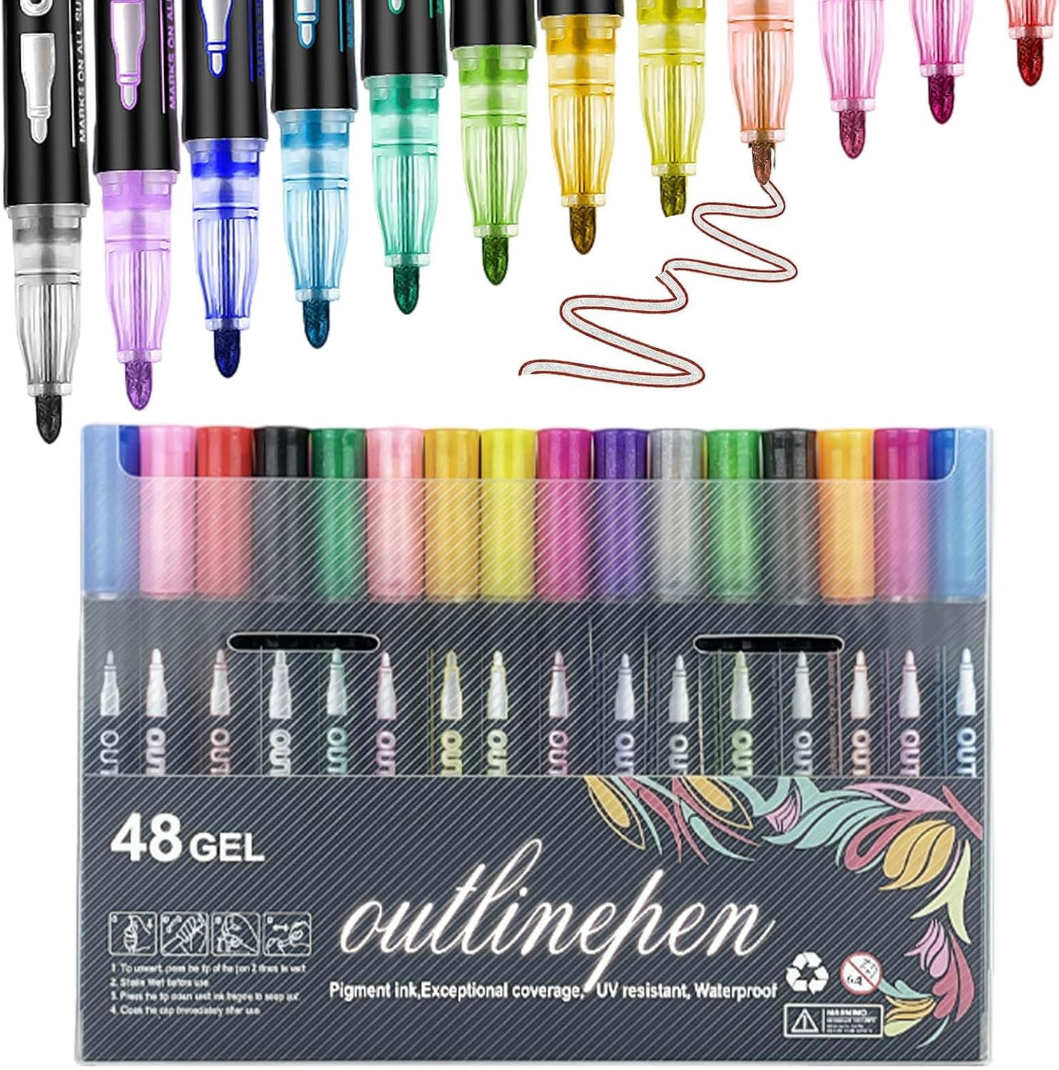 Dreamy Sparkle Dual Line Outline Markers, Self-Outline Metallic Glitter Pens, 2-in-1 Double Line Contour Pens with Shimmering Effect, for Journaling, Adult Coloring, Art Planning Supplies (48Pcs)