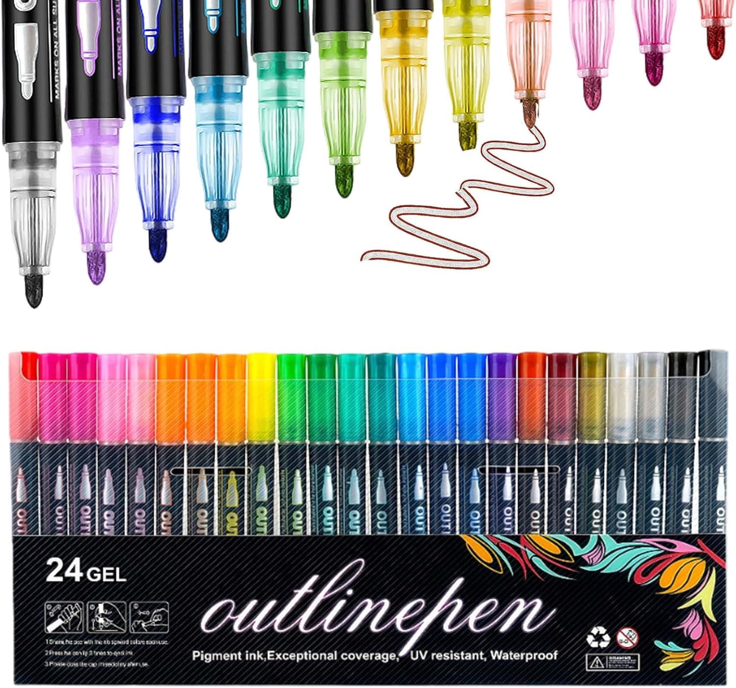 Dreamy Sparkle Dual Line Outline Markers, Self-Outline Metallic Glitter Pens, 2-in-1 Double Line Contour Pens with Shimmering Effect, for Journaling, Adult Coloring, Art Planning Supplies (24Pcs)