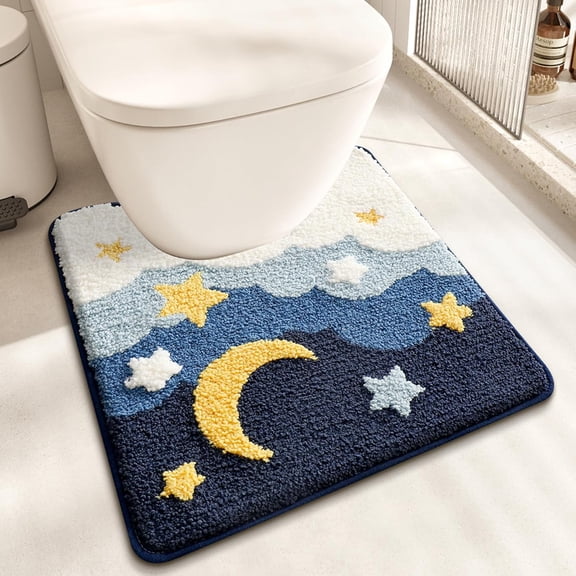 Dreamy Starry Clouds U-Shaped Toilet Mat, Night Sky Themed Non-Slip Bath Rug with Moon & Stars, Soft Absorbent Microfiber Floor Mat for Toilet Base, Machine Washable Bathroom Decor