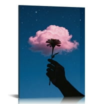 Dreamy Starry Sky Pink Cloud Flower & Hand Printed Canvas Wall Art with Hidden Wooden Frame - Romantic Decor for Bedroom, Living Room & Study
