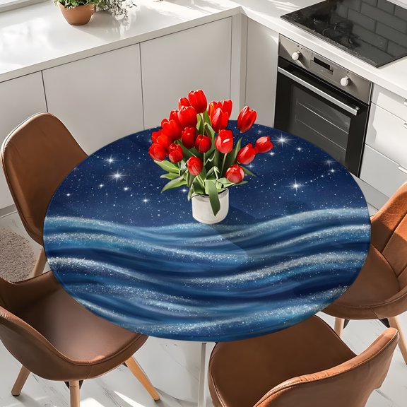 Dreamy Starry Sky Waves Round Fitted Tablecloth with Elastic Edge,Waterproof Table Cloth Fits Tables Up to 36"-44",Wipeable Washable Table Cover for Indoor Outdoor Dinning Party,Universe Stars Moon