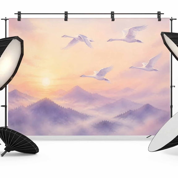 Dreamy Sunset Backdrops for Photography, Crane Purple Mountains Clouds Romantic Serene Fabric Photo Background Sturdy Studio Props for Photo Studio, Video Recording, Booth & Photoshoot 7x5ft