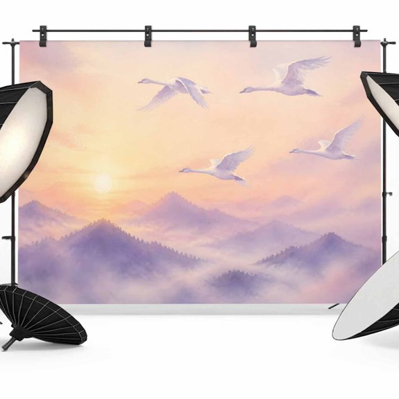 Dreamy Sunset Backdrops for Photography, Crane Purple Mountains Clouds Romantic Serene Fabric Photo Background Sturdy Studio Props for Photo Studio, Video Recording, Booth & Photoshoot 10x8ft